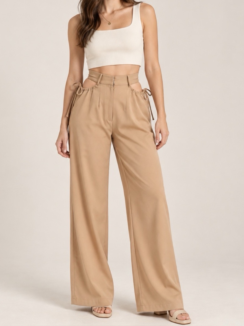 CIDER Cut Out High Waist Wide Leg Pants Tan Beige Size M
